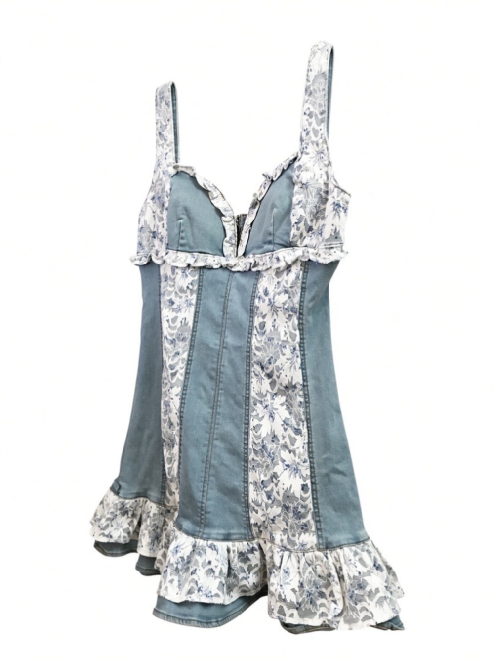 The Vintage Shop Blue Stretch Denim Lace Trim Ruffle Mini Dress Sweetheart L - Picture 3 of 14
